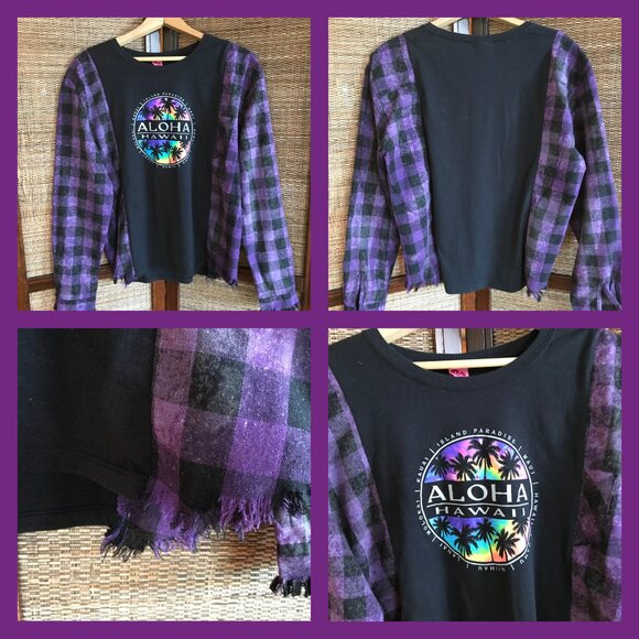Upcycled Aloha Shirt, Size S-M: Purple Plaid & Hawaii Graphic Long-Sleeved Tee - Picture 10 of 10